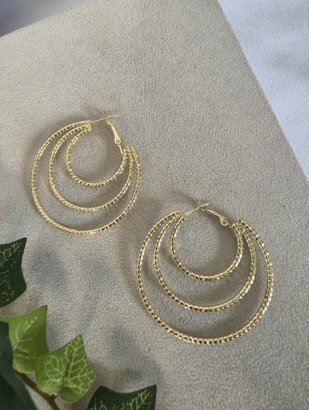 Gold Filled Triple Tier Hoop Earrings Textured Multi Layer Hoop 1 3/4"